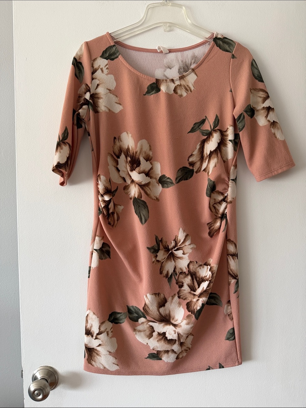 PinkBlush Floral Ruched Maternity Dress Mauve Pink Medium Elbow 3/4 Sleeve EUC